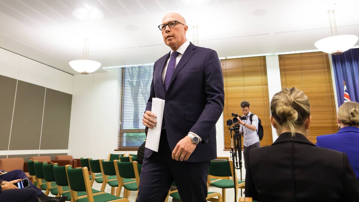Opposition leader Peter Dutton leaves the party room. Picture by Sitthixay Ditthavong